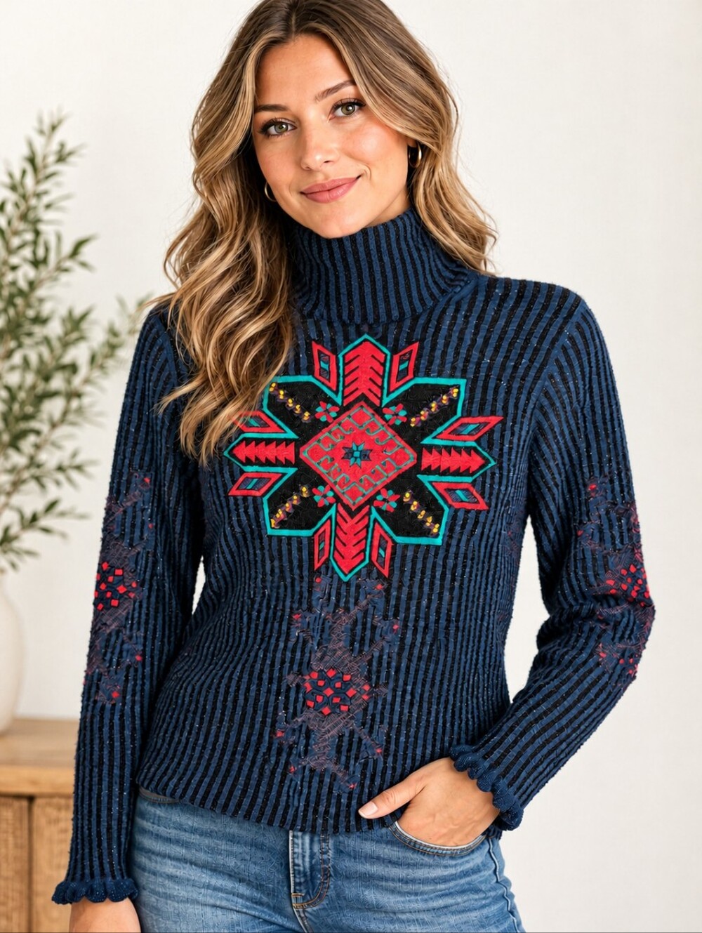 Desigual Style 18WJFXD Striped Embellished Turtleneck Sweater in Blue & Black